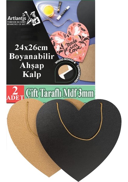Boyanabilir Çift Taraflı Kalp Mdf 2 Li 1 Paket Kalp Tabela Kapı Duvar Yazı Yazmak Süslemek Dekoratif Hobi Sanat Seti