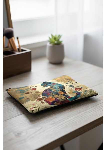 Zürafa Shop Mistik Kedi Desenli Fermuarlı Hediyelik Makyaj Çantası – Çok Amaçlı El Çantası