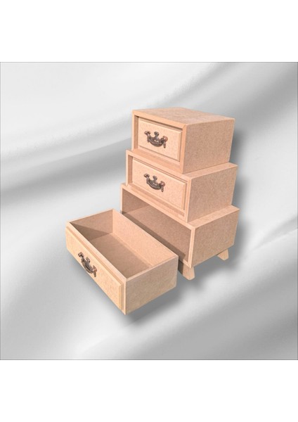 Ahşap Boyanabilir 3 Çekmeceli Kulplu Dekoratif Takı-Makyaj-Aksesuar Kutusu