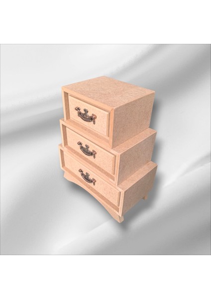 Ahşap Boyanabilir 3 Çekmeceli Kulplu Dekoratif Takı-Makyaj-Aksesuar Kutusu