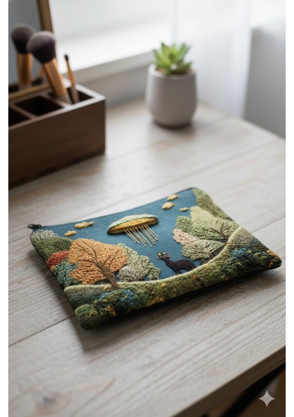 UFO ve Kedi Tasarımlı Kozmik Temalı Makyaj Çantası – Çok Amaçlı El Çantası