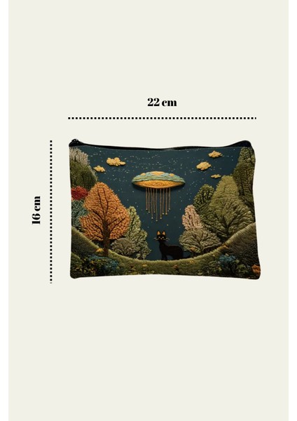 UFO ve Kedi Tasarımlı Kozmik Temalı Makyaj Çantası – Çok Amaçlı El Çantası modelleri