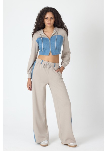 Denim Detaylı Kapşonlu Crop Eşofman Takım - Mavi-Bej Mavi-Bej - M