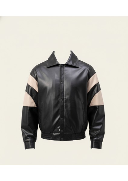 Burton Kolları Garnili Çıtçıtlı Fermuarlı Deri Görünümlü Erkek Ceket - Ekru Siyah