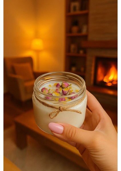 Meditasyon ve Enerji Mum Sandal Ağacı Kokulu El Yapım Kuru Güllü 330 gr %100 Soy Wax modelleri