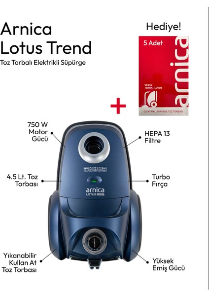 Lotus Trend ET14000 Toz Torbalı Elektrikli Süpürge Lacivert + Toz Torbası Hediyeli