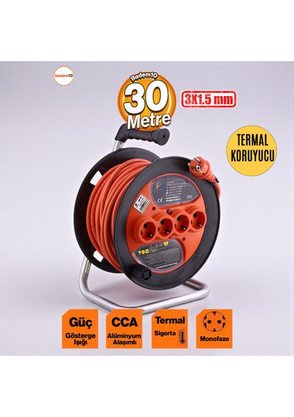 Plastik Makaralı Uzatma Kablosu 3x1.5 mm 30 Metre Termal Sigortalı 4 Prizli Cca Monofaze Seyyar fiyatları