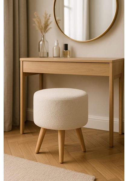 Modern Dekoratif Ahşap Masif Ayaklı Beyaz Teddy Puf Bench Tabure Koltuk