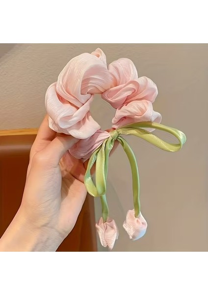 Lale Figürlü Parlak Saten Kumaş Simit Lastik Toka(1 Adet)