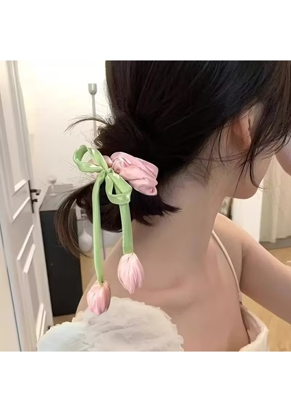 Lale Figürlü Parlak Saten Kumaş Simit Lastik Toka(1 Adet)