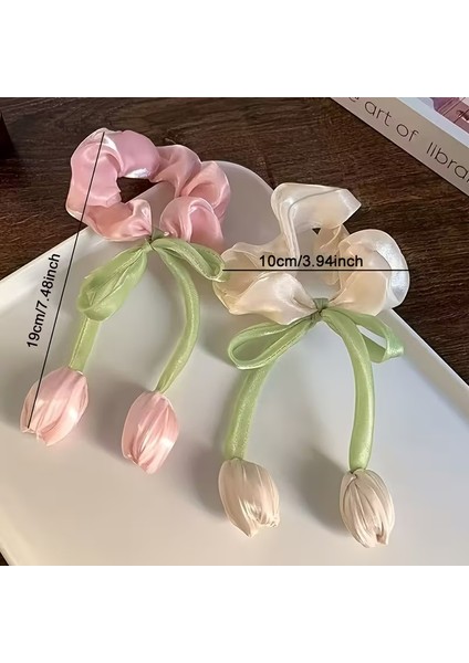 Lale Figürlü Parlak Saten Kumaş Simit Lastik Toka(1 Adet)