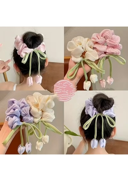 Lale Figürlü Parlak Saten Kumaş Simit Lastik Toka(1 Adet)