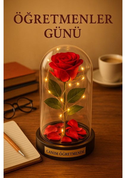 Canım Öğretmenim Temalı Öğretmene Hediye LED Işıklı Mika Fanus Kırmızı Yapma Solmayan Gül