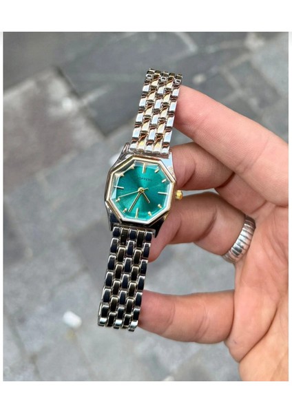 Yeşil Renk Kadran ; Gümüş Sarı Metal Kordon Şık Kadın Kol Saati