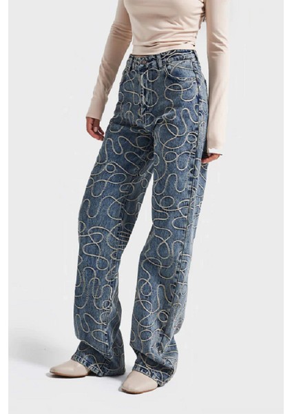 Itsbasic Kadın T.kot Rengi Straight Fit Yüksek Bel Nakış Özellikli Kumaş Tasarım Denim Jean