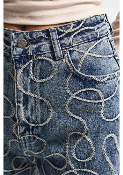 Itsbasic Kadın T.kot Rengi Straight Fit Yüksek Bel Nakış Özellikli Kumaş Tasarım Denim Jean fiyatları