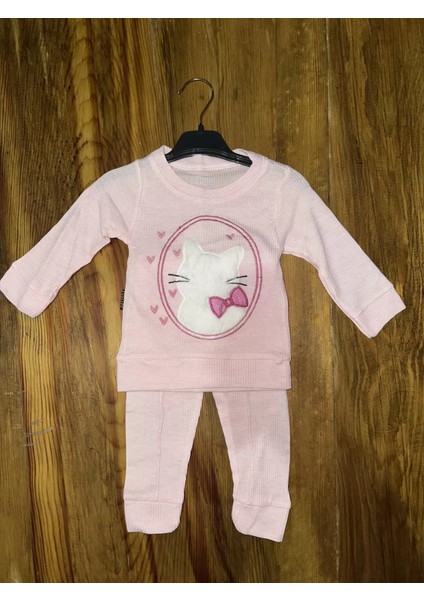 3-12 Aylık Kedi Desen Işlemeli Takım Pembe