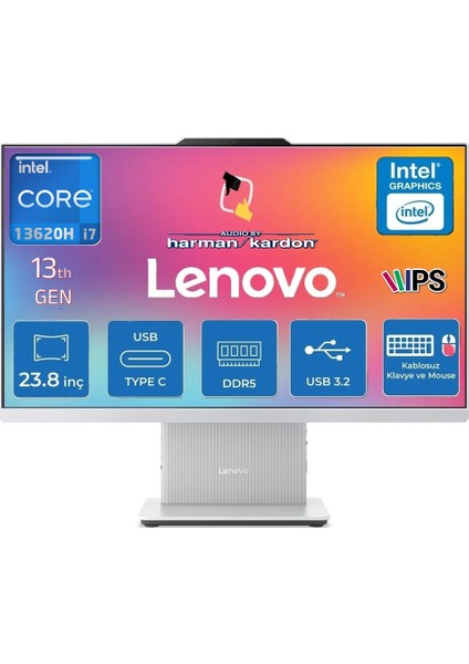 Ideacentre Aıo 24IRH9 Intel Core I7-13620H 16GB 1tb SSD 23.8'' Fhd IPS Freedos F0HN0056TR02 Kablosuz Klavye+Mouse Beyaz All In One Bilgisayar+Snertech