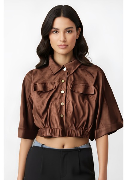 Süet Çıtçıtlı Cepli Polo Yaka Truvakar Kol Detaylı Crop Bomber Ceket