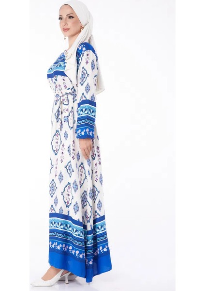 Düz Bisiklet Yaka Kadın Mavi Etnik Desenli Elbise fiyatları
