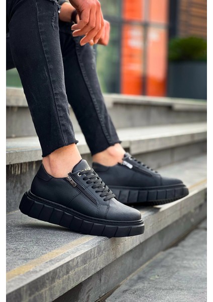KB-X155 Kuback Siyah Cilt Detaylı Siyah Yüksek Taban Günlük Spor Ayakkabı