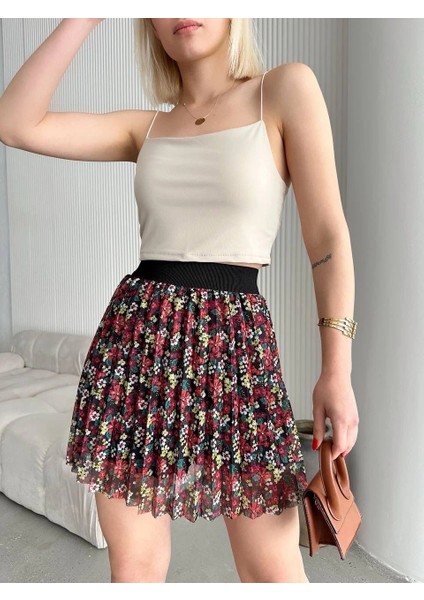 Baskılı Astarlı Mini Etek