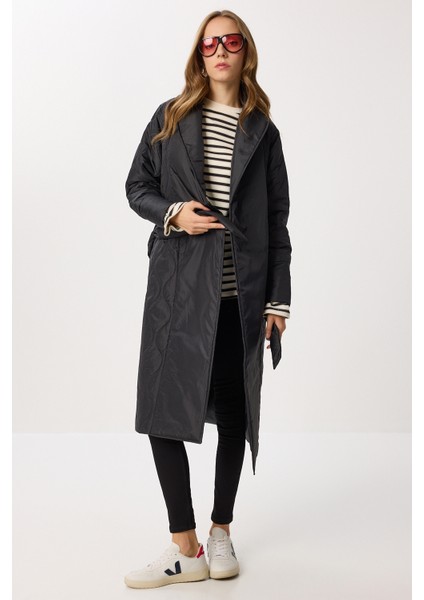 Kuşaklı Şal Yaka Kapitone kaban LDZ0010 Siyah fiyatları