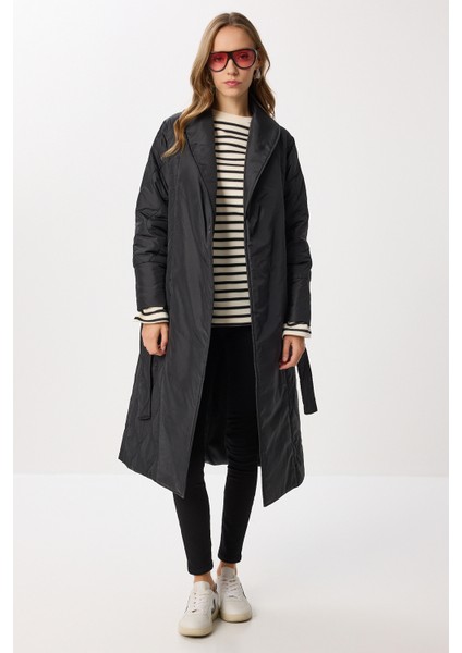 Kuşaklı Şal Yaka Kapitone kaban LDZ0010 Siyah modelleri