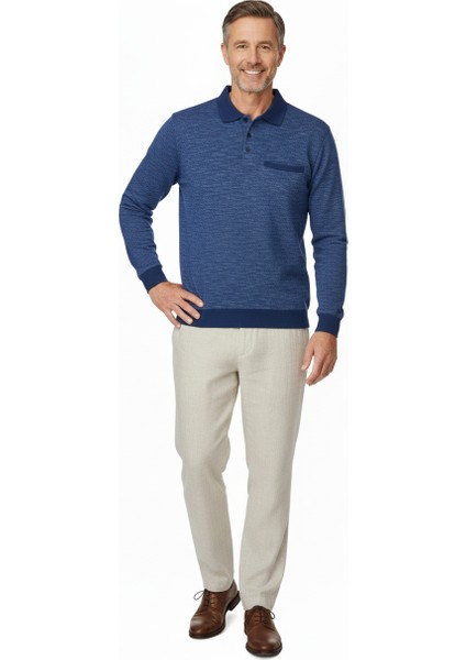 Erkek Kışlık Polo Yaka Kazak Pamuklu Örme Klasik Kırçıllı Selanik Düğmeli Fleto Cepli Rahat