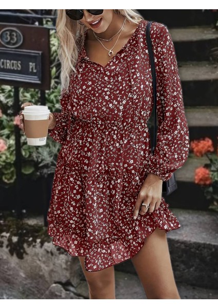Kadın Uzun Kollu V Yaka Bağcıklı Belden Gipeli Çiçek Baskılı Kısa Süprem Elbise L-Xl-Bordo fırsatları