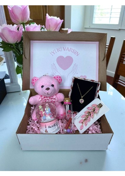 Iyi Ki Varsın Hediye Kutusu – Kalpli Kolye, Işıklı Kar Küresi, Peluş Ayıcık ve Dilek Şişesi fiyatları