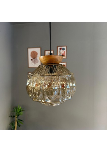 Şila Cam Bal Rengi Tekli Avize Tabak Ahşap Başlık Retro Sarkıt Lamba Salon Aydınlatma