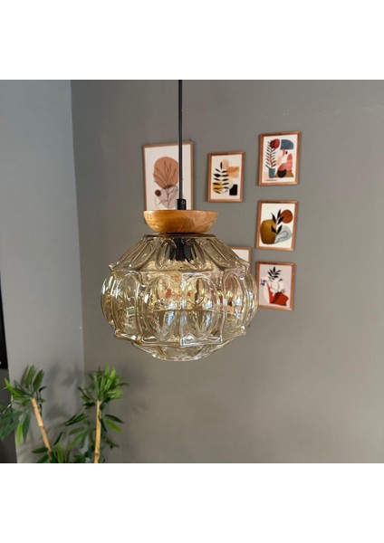 Şila Cam Bal Rengi Tekli Avize Tabak Ahşap Başlık Retro Sarkıt Lamba Salon Aydınlatma modelleri