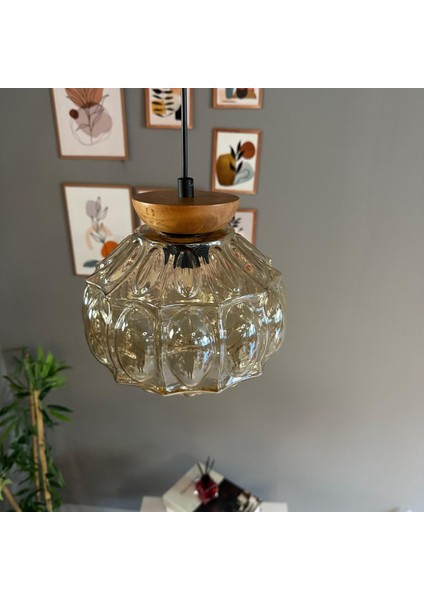 Şila Cam Bal Rengi Tekli Avize Tabak Ahşap Başlık Retro Sarkıt Lamba Salon Aydınlatma fırsatları