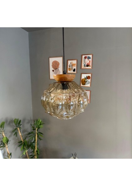 Şila Cam Bal Rengi Tekli Avize Tabak Ahşap Başlık Retro Sarkıt Lamba Salon Aydınlatma indirimleri