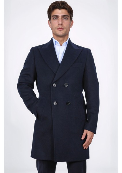 Kruvaze Sivri Yaka Yün ve Kaşmir Karışımlı Lacivert Kaban