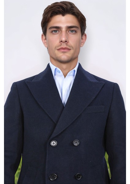 Kruvaze Sivri Yaka Yün ve Kaşmir Karışımlı Lacivert Kaban fiyatları