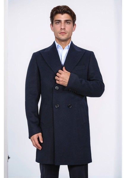 Kruvaze Sivri Yaka Yün ve Kaşmir Karışımlı Lacivert Kaban modelleri