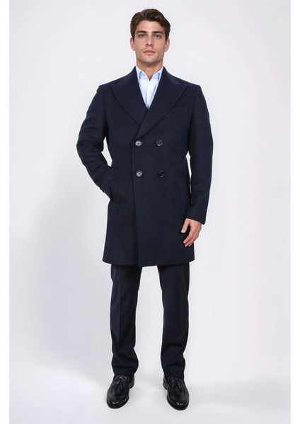 Kruvaze Sivri Yaka Yün ve Kaşmir Karışımlı Lacivert Kaban indirimleri