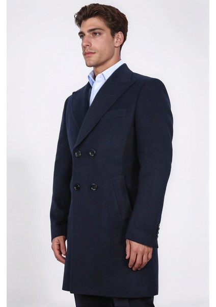 Kruvaze Sivri Yaka Yün ve Kaşmir Karışımlı Lacivert Kaban