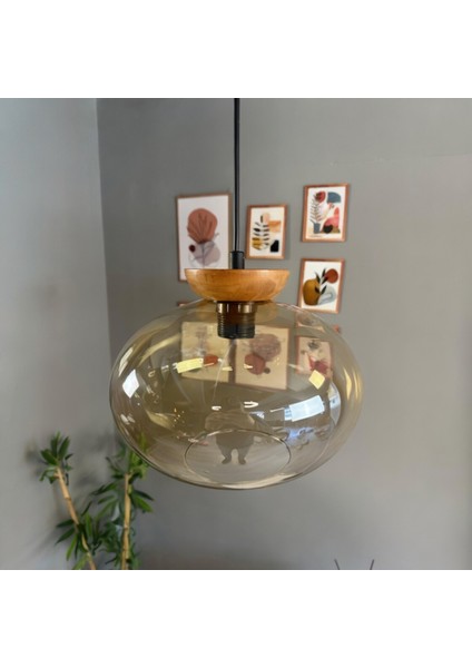 Solvia Cam Bal Rengi Tekli Avize Tabak Ahşap Başlık Retro Sarkıt Lamba Salon Aydınlatma