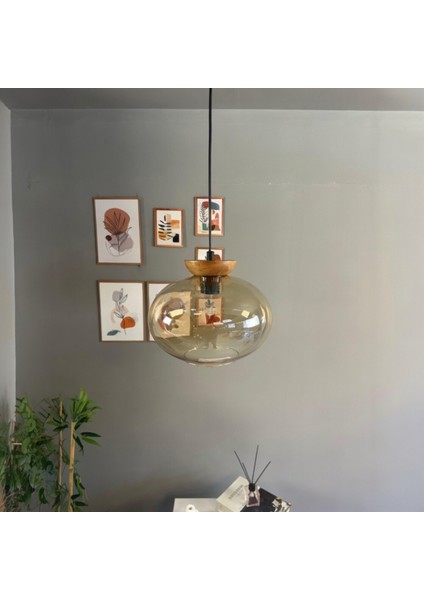 Solvia Cam Bal Rengi Tekli Avize Tabak Ahşap Başlık Retro Sarkıt Lamba Salon Aydınlatma fiyatları