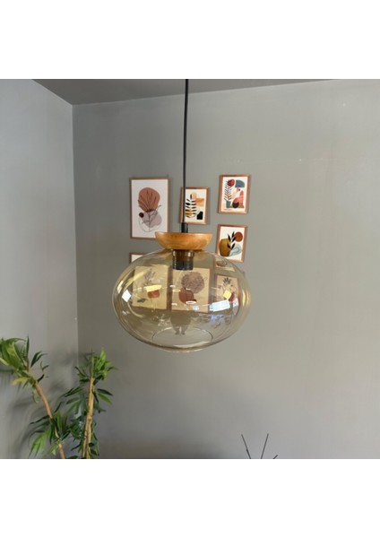 Solvia Cam Bal Rengi Tekli Avize Tabak Ahşap Başlık Retro Sarkıt Lamba Salon Aydınlatma modelleri