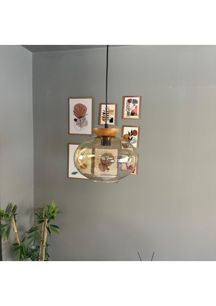 Solvia Cam Bal Rengi Tekli Avize Tabak Ahşap Başlık Retro Sarkıt Lamba Salon Aydınlatma fırsatları