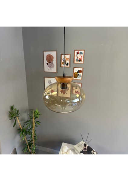 Solvia Cam Bal Rengi Tekli Avize Tabak Ahşap Başlık Retro Sarkıt Lamba Salon Aydınlatma indirimleri