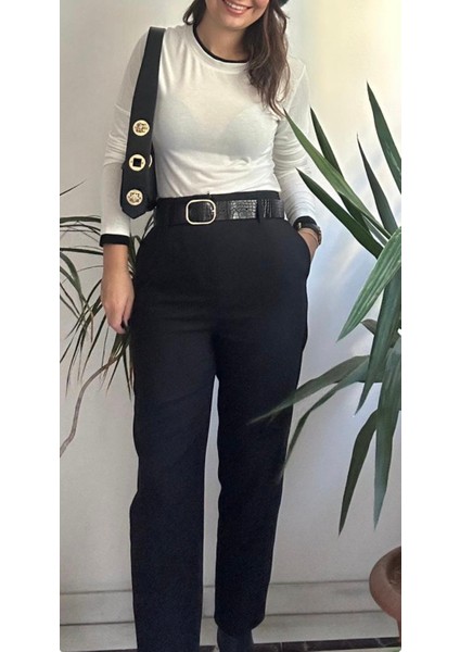 Kadın Siyah Kendinden Kemerli Kalem Pantolon