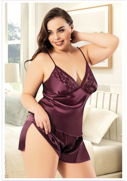 Miss Laris 4237 Mor Büyük Beden Dantelli Ip Askılı Sexy Saten Şortlu Gecelik