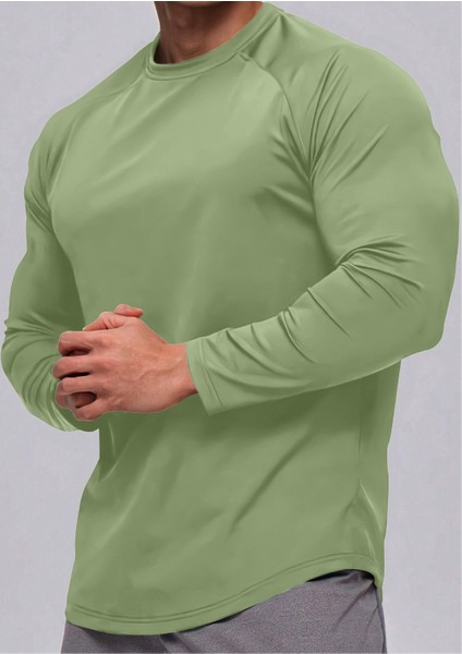 Erkek Running Sports Reglan Oval Kesim Uzun Kollu Pamuklu Penye T-Shirt