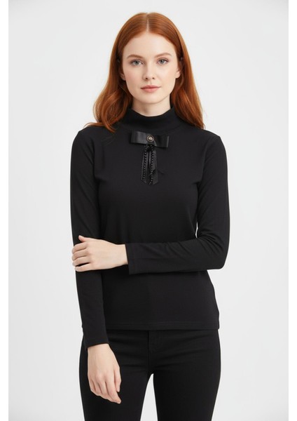 8197A Bronşlu Uzun Kol Bluz Siyah
