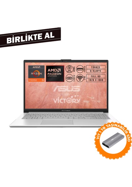 Vivobook Go 15 Amd Ryzen 5 7520U 8gb 512GB SSD 15.6" Fhd W11P + Vıt 1 Tb SSD E1504FA-NJ115 014